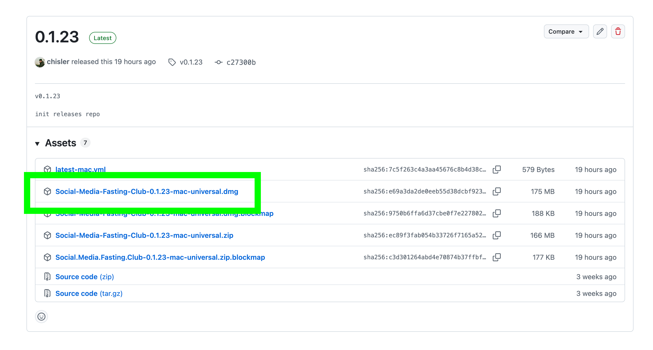 GitHub releases page with the .dmg installer highlighted
